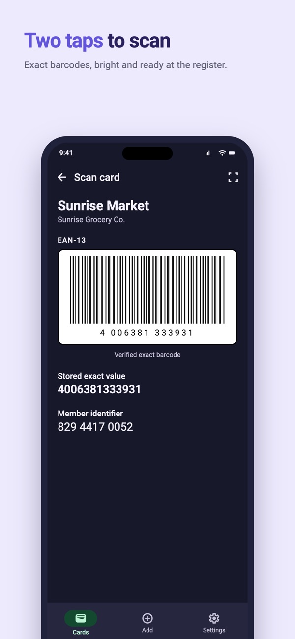 Pocket CardVault displaying a saved card barcode ready to present