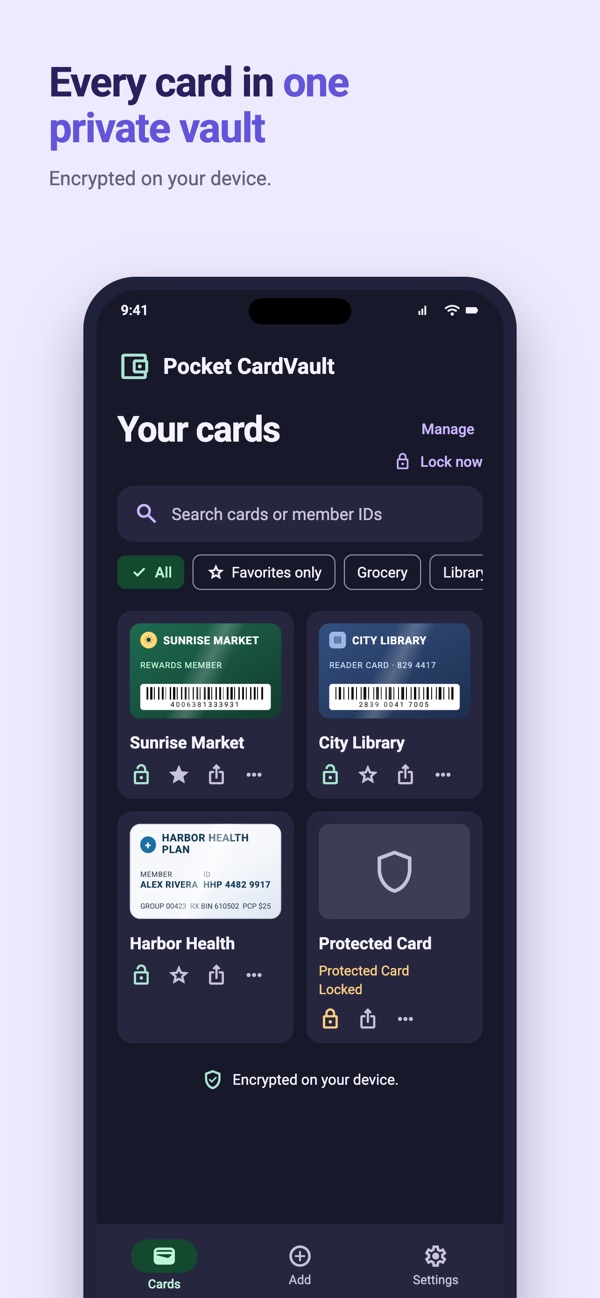 Pocket CardVault showing saved cards in the vault